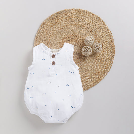 Blue Dot Print Organic Muslin Bubble Romper