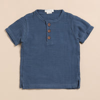 Load image into Gallery viewer, Navy Organic Muslin Short Sleeve Henley Tshirt With Lounge Pant Set
