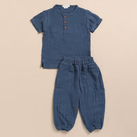 Load image into Gallery viewer, Navy Organic Muslin Short Sleeve Henley Tshirt With Lounge Pant Set
