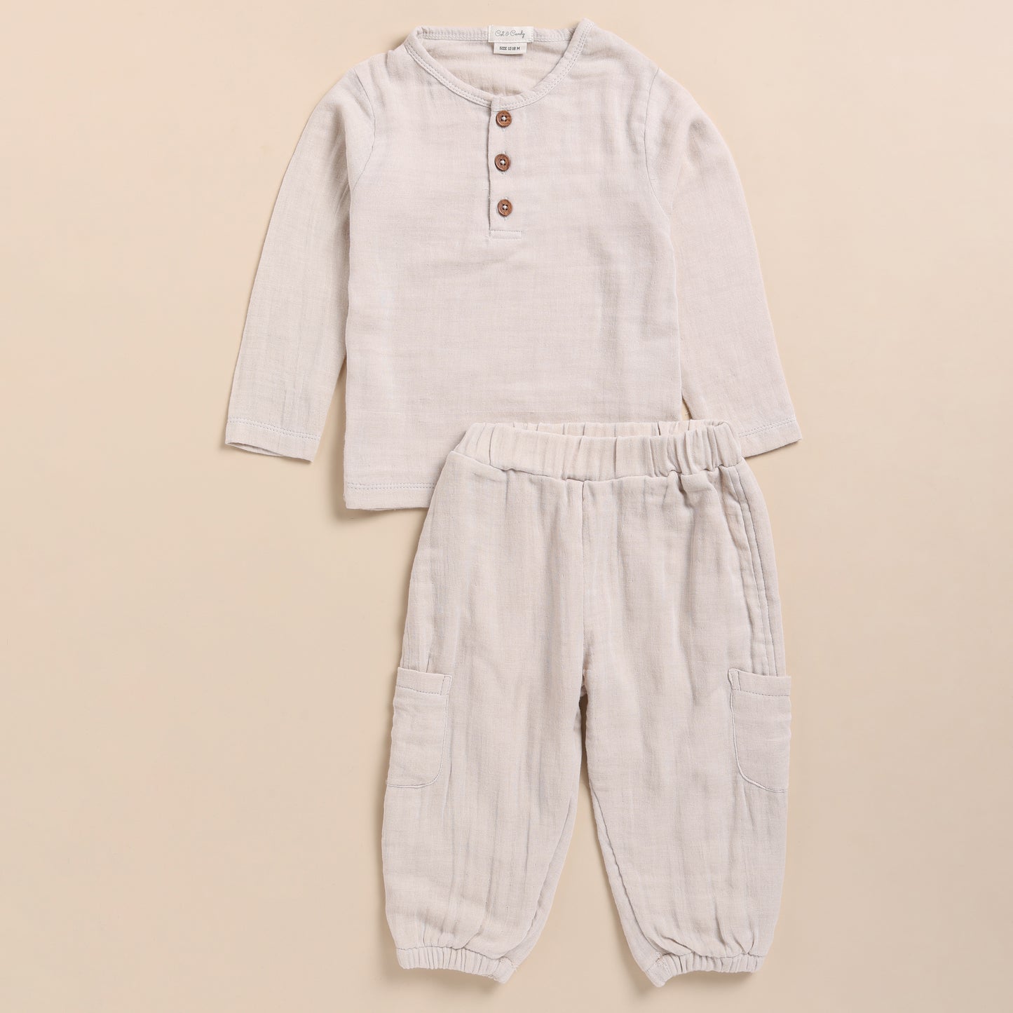 Oatmeal Organic Muslin Long Sleeve Henley Tshirt With Lounge Pant Set