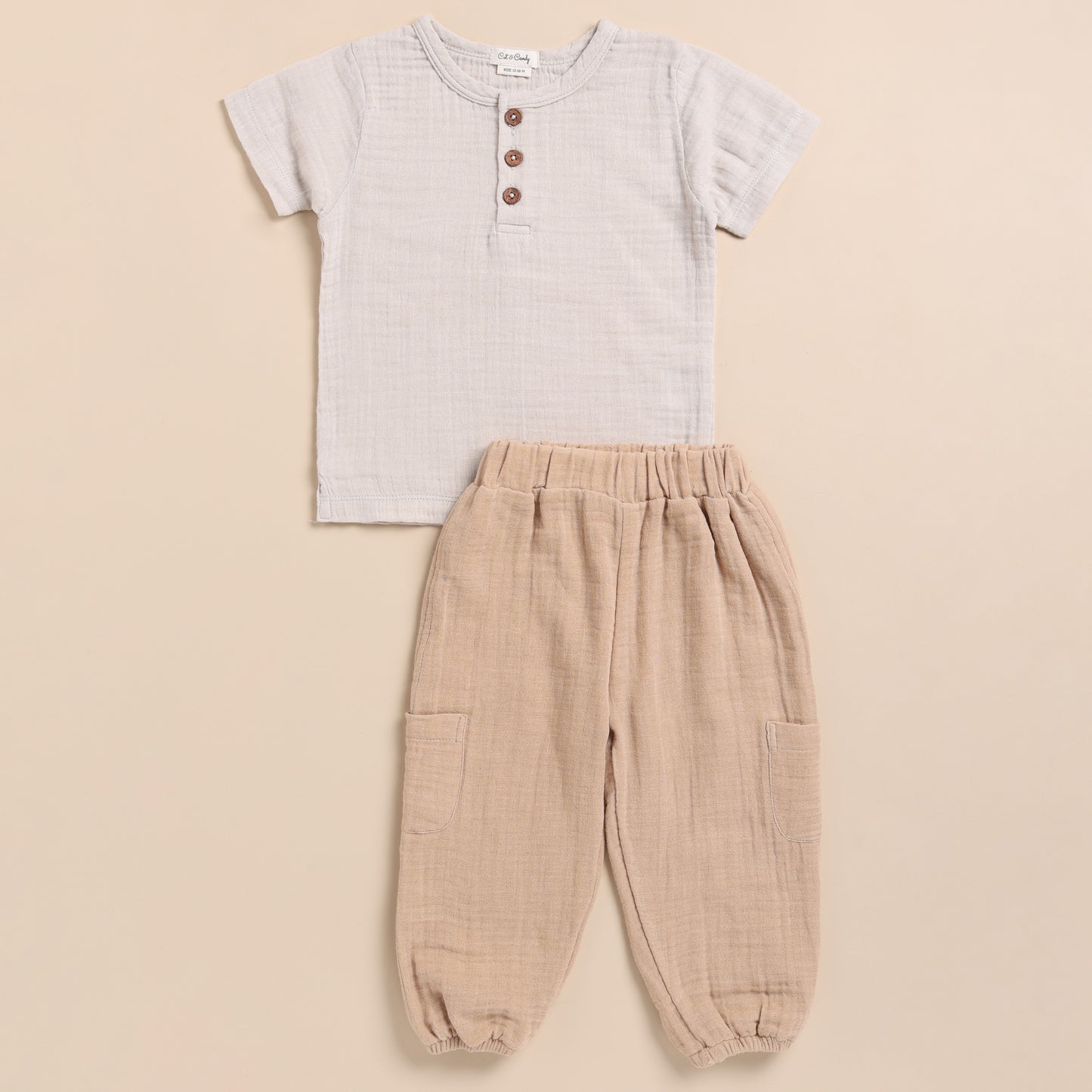 Oatmeal + Latte Organic Muslin Short Sleeve Henley Tshirt With Lounge Pant Set