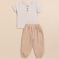 Load image into Gallery viewer, Oatmeal + Latte Organic Muslin Short Sleeve Henley Tshirt With Lounge Pant Set

