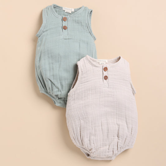 Oatmeal + Moss Green Organic Muslin Bubble Romper