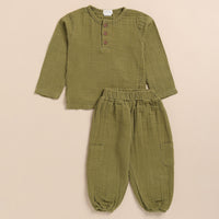 Load image into Gallery viewer, Olive Organic Muslin Long Sleeve Henley Tshirt With Lounge Pant Set
