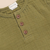 Load image into Gallery viewer, Olive Organic Muslin Long Sleeve Henley Tshirt With Lounge Pant Set
