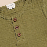 Load image into Gallery viewer, Olive Organic Muslin Short Sleeve Henley Tshirt With Lounge Pant Set
