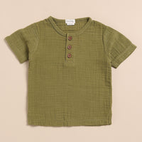 Load image into Gallery viewer, Olive Organic Muslin Short Sleeve Henley Tshirt With Lounge Pant Set
