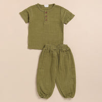 Load image into Gallery viewer, Olive Organic Muslin Short Sleeve Henley Tshirt With Lounge Pant Set
