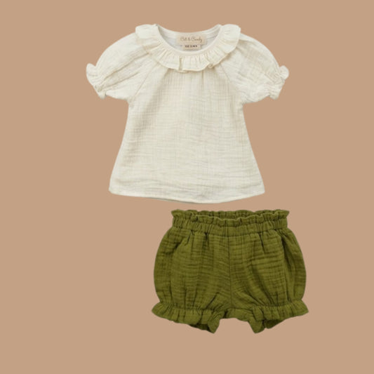 Palm Breezy Solid Organic Muslin Frill Top With Shorts