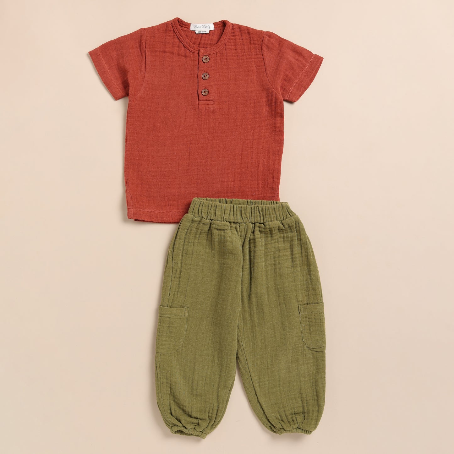 Picante + Olive Organic Muslin Short Sleeve Henley tshirt With Lounge Pant Set