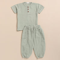 Load image into Gallery viewer, Sage Organic Muslin Short Sleeve Henley Tshirt With Lounge Pant Set
