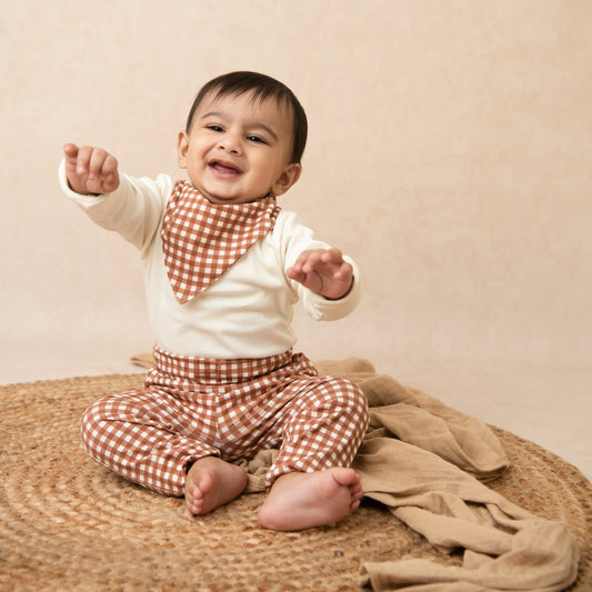 Ginger Gingham Organic Leggings and Bib with Milk Long Sleeve Bodysuit