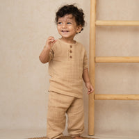 Load image into Gallery viewer, Latte Organic Muslin Long Sleeve Henley Tshirt With Lounge Pant Set
