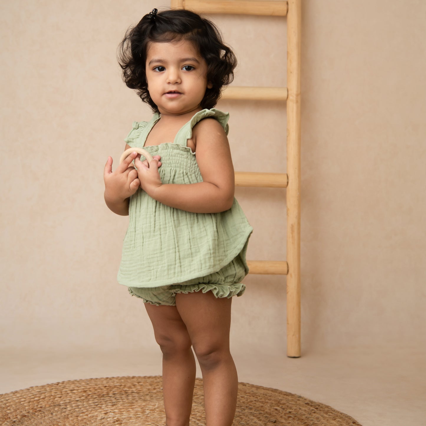 Sage Organic Muslin Sleeveless Frill Top