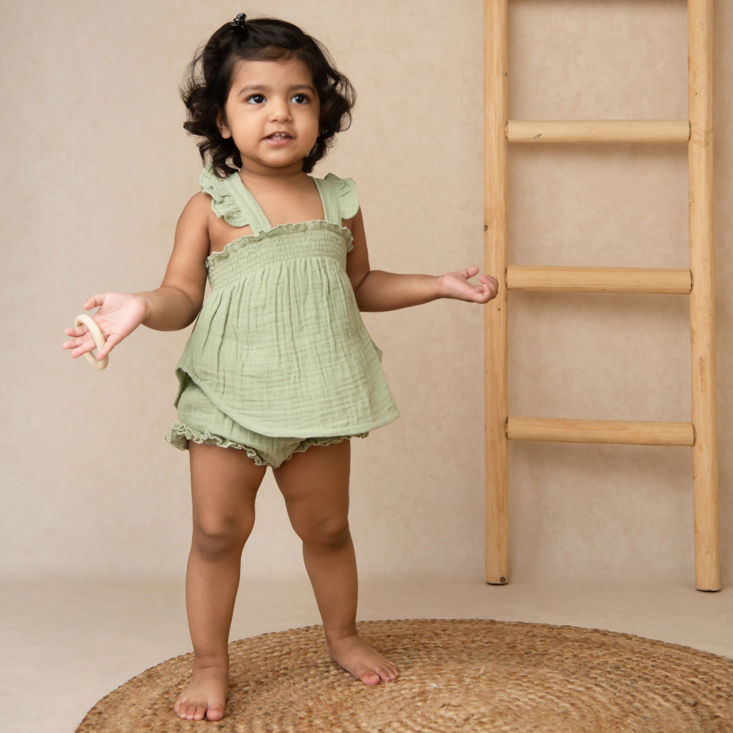 Sage Organic Muslin Sleeveless Frill Top