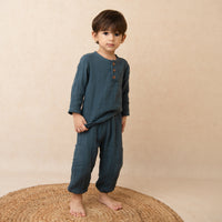 Load image into Gallery viewer, Navy Organic Muslin Long Sleeve Henley Tshirt With Lounge Pant Set
