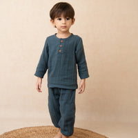 Load image into Gallery viewer, Navy Organic Muslin Long Sleeve Henley Tshirt With Lounge Pant Set
