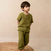 Load image into Gallery viewer, Olive Organic Muslin Short Sleeve Henley Tshirt With Lounge Pant Set
