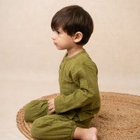 Load image into Gallery viewer, Olive Organic Muslin Long Sleeve Henley Tshirt With Lounge Pant Set
