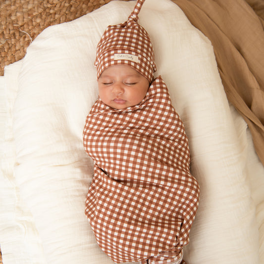 Ginger Gingham Organic Swaddle Wrap With Beanie
