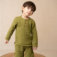 Load image into Gallery viewer, Olive Organic Muslin Long Sleeve Henley Tshirt With Lounge Pant Set
