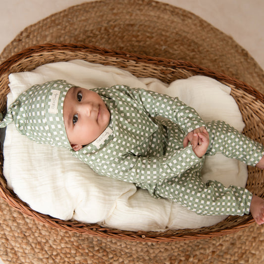 Mineral Gingham Organic Long Sleeve Bodysuit With Leggings, Beanie and Bib