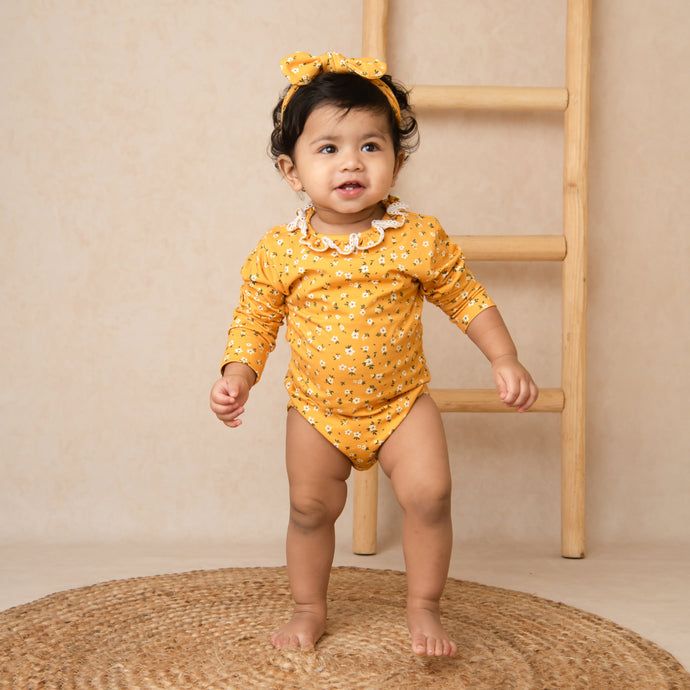 Buy Vintage Floral Organic Neck Frill Long Sleeve Bodysuit for your 0-3 months baby - CotandCandyBaby