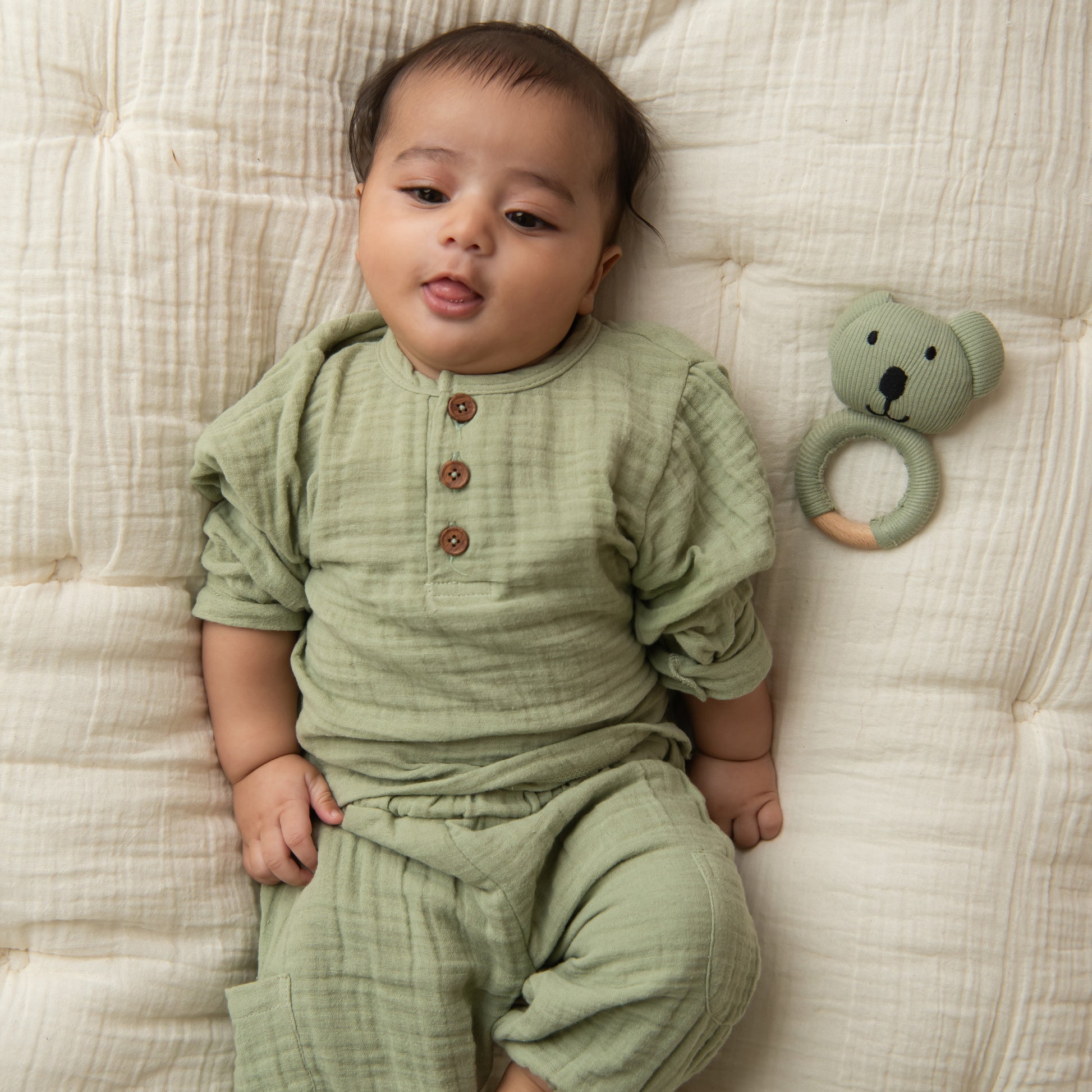 Buy sage color Muslin Lounge Pants for your 0-3 months baby - CotandCandyBaby