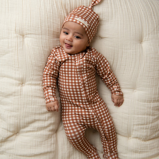 Ginger Gingham Organic Zipsuit With Beanie