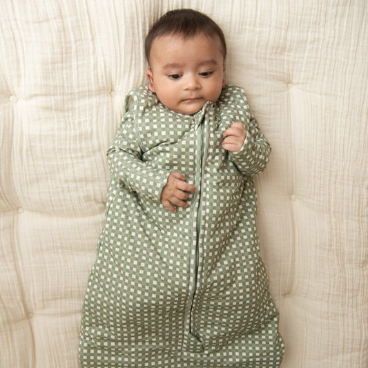 Mineral Gingham Organic Long Sleeve Bodysuit With Sleeping Bag