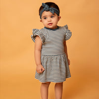 Load image into Gallery viewer, Teal Stripe Organic Short Sleeve Dress With Frill
