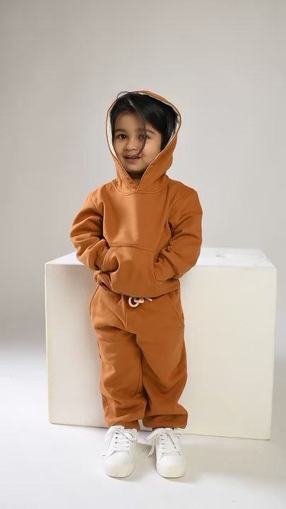 Best quality pumpkin spice color organic fleece hoodie & jogger set online for your 3 months to 5 years baby - CotandCandyBaby