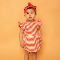 Load image into Gallery viewer, Berry Stripe Organic Short Sleeve Dress With Frill
